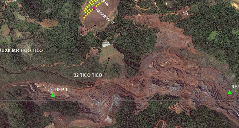 aerial map depicting monitoring technologies at a tailings dam in Brazil
